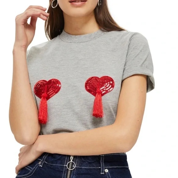 Topshop Tops - Sequin Heart Tassel Tee